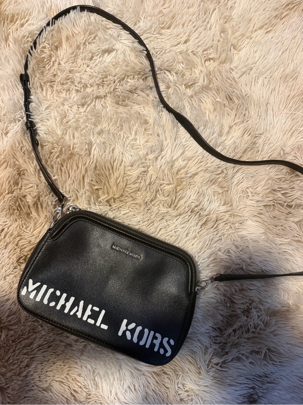 Michael Kors Black Leather Crossbody with White Logo Stencil